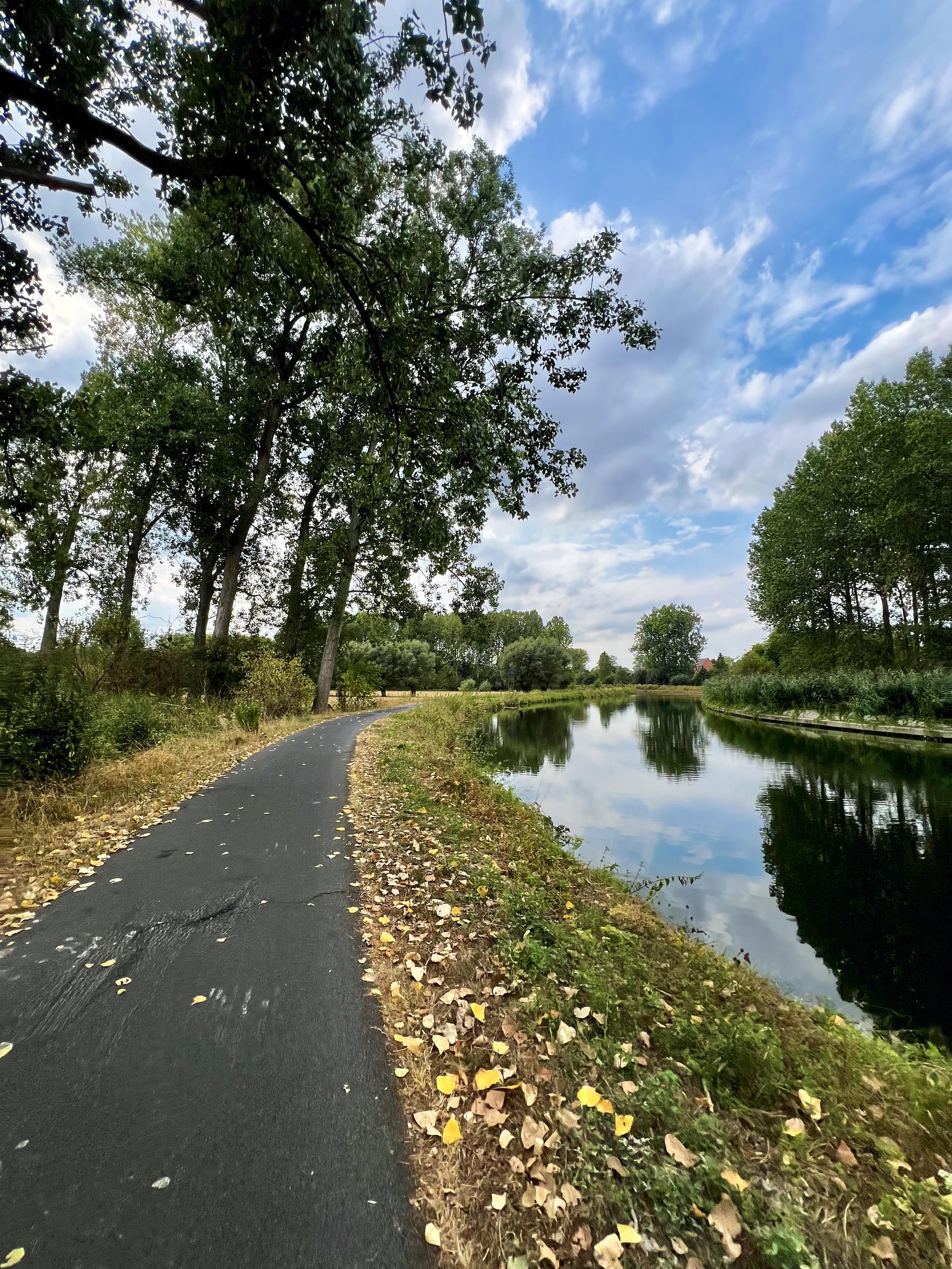 Provinciaal domein De Gavers, Geraardsbergen, Aalst, Belgium

A paved path runs alongside a canal bordered by lush greenery and tall trees under a partly cloudy sky reflecting in the water's surface. The foreground features scattered fallen leaves on the grassy bank.

35 mm equivalent: 14 mm