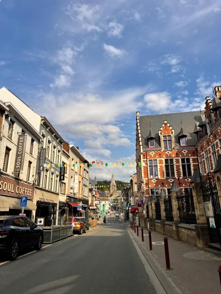 Geraardsbergen, Aalst, Belgium

A quaint street scene under a bright blue sky with scattered clouds features historic buildings on both sides. The left side showcases shops and cafes like "Soul Coffee," while the right displays ornate architecture with red brick facades and black iron gates. Colorful string flags hang across the street, adding vibrancy to the scene. A few cars are parked along the road, and a cyclist is visible in the distance.

35 mm equivalent: 26 mm