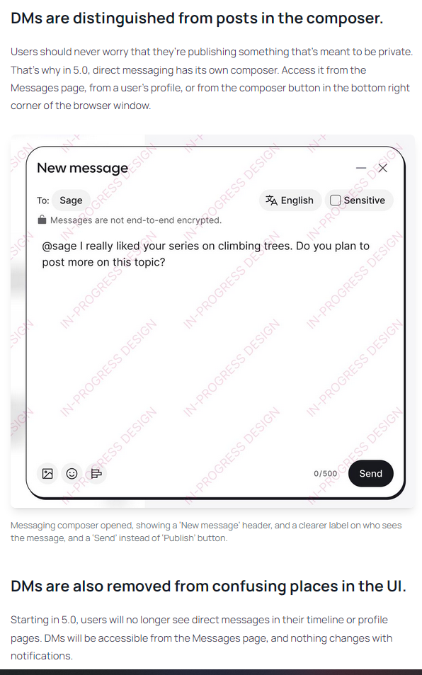 Describing how DMs are now a separate tab within Mastodon, like they are on Twitter or Bluesky, and not something integrated with your timeline.
