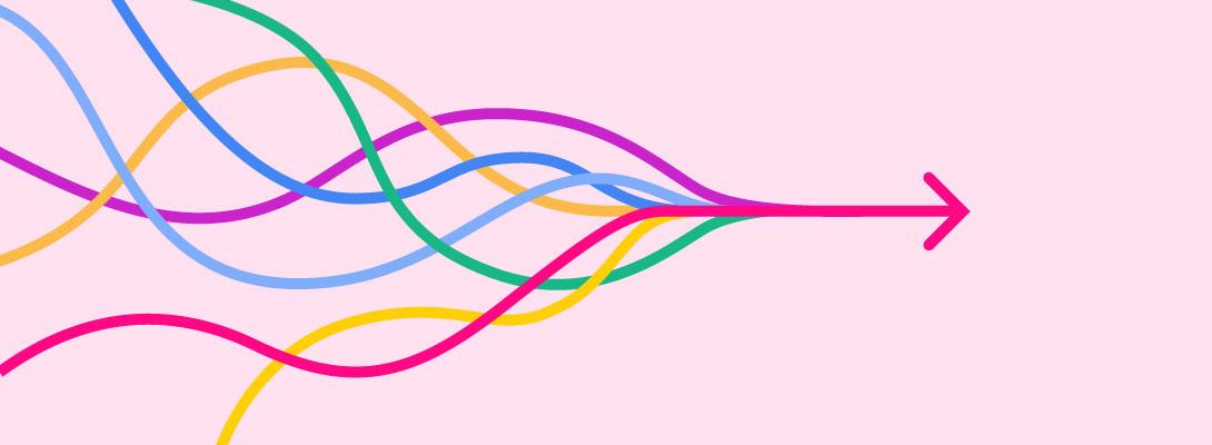 Diverse coloured Threads intersect, converge into arrow pointing ahead