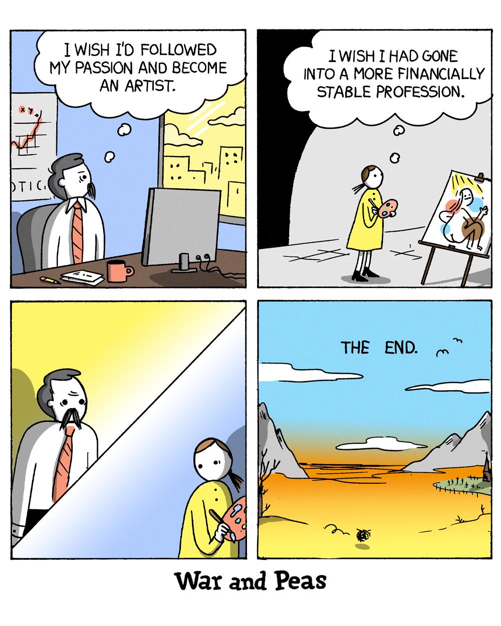 4-panel comic by War and Peas. Panel 1: A tired office worker at a desk with a computer and charts thinks, "I wish I'd followed my passion and become an artist." Panel 2: An artist painting at an easel thinks, "I wish I had gone into a more financially stable profession." Panel 3: A split panel shows both of them side by side, each wistful and longing for the other's life. Panel 4: A vast, empty landscape of mountains and sky stretches out beneath the words "The end."