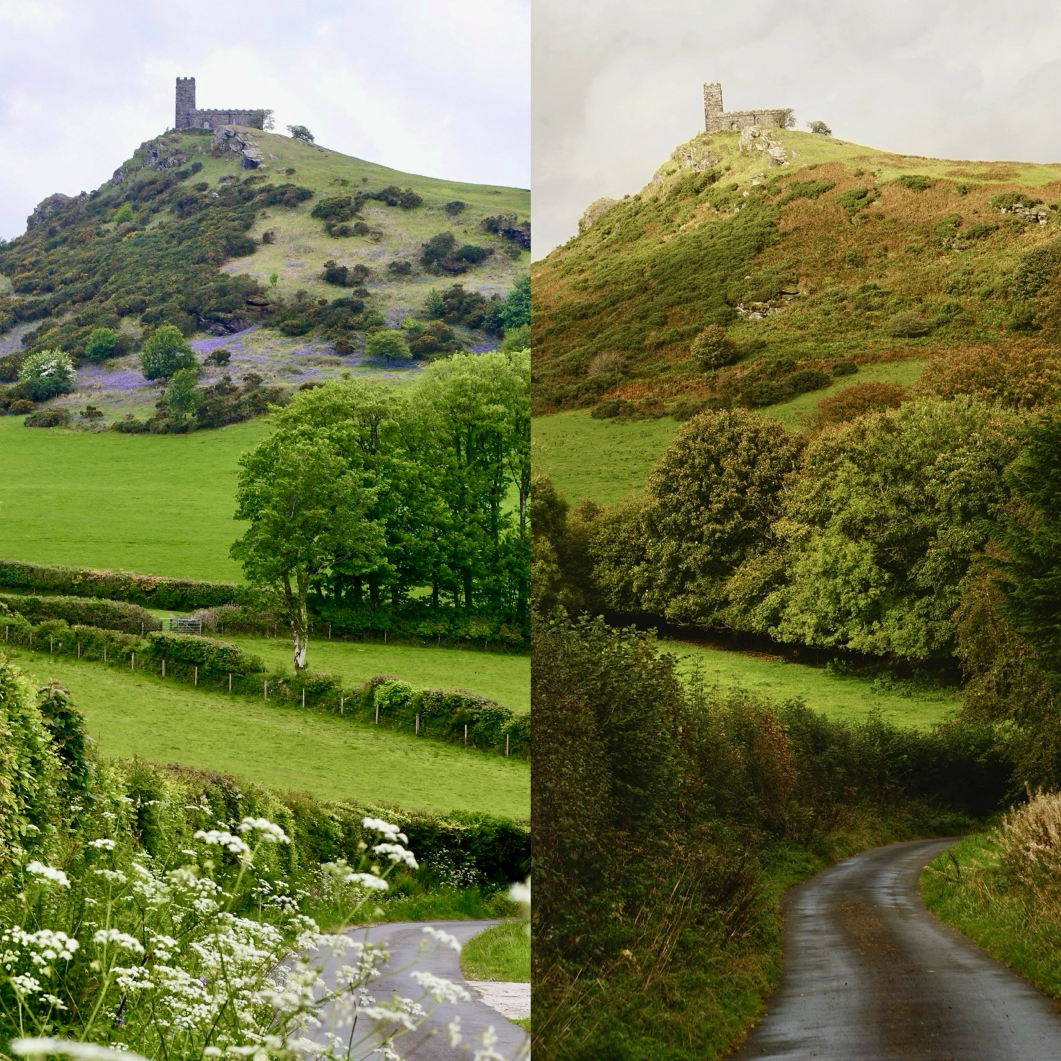 Brentor church view in May and October.