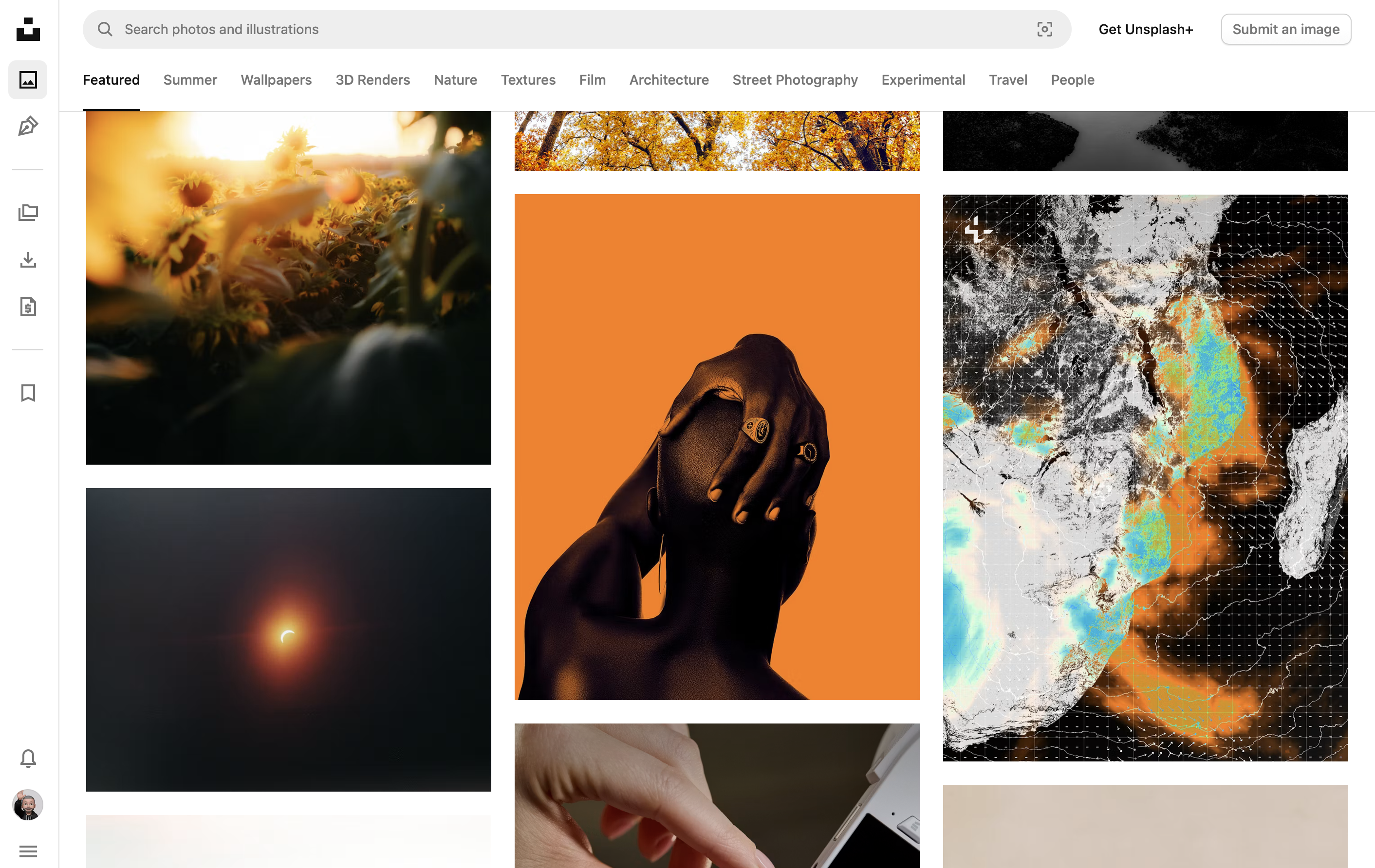 A screenshot of the Unsplash homepage with various featured images.