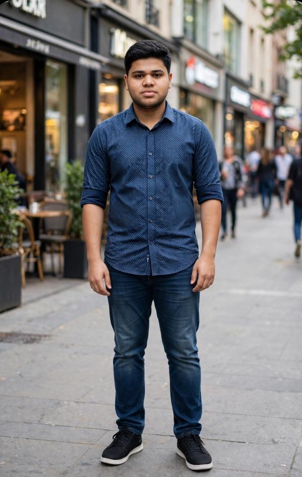 A young man wearing a dark blue shirt and jeans standing on a lively city street surrounded by cafés, shops, pedestrians, and warm evening lights.