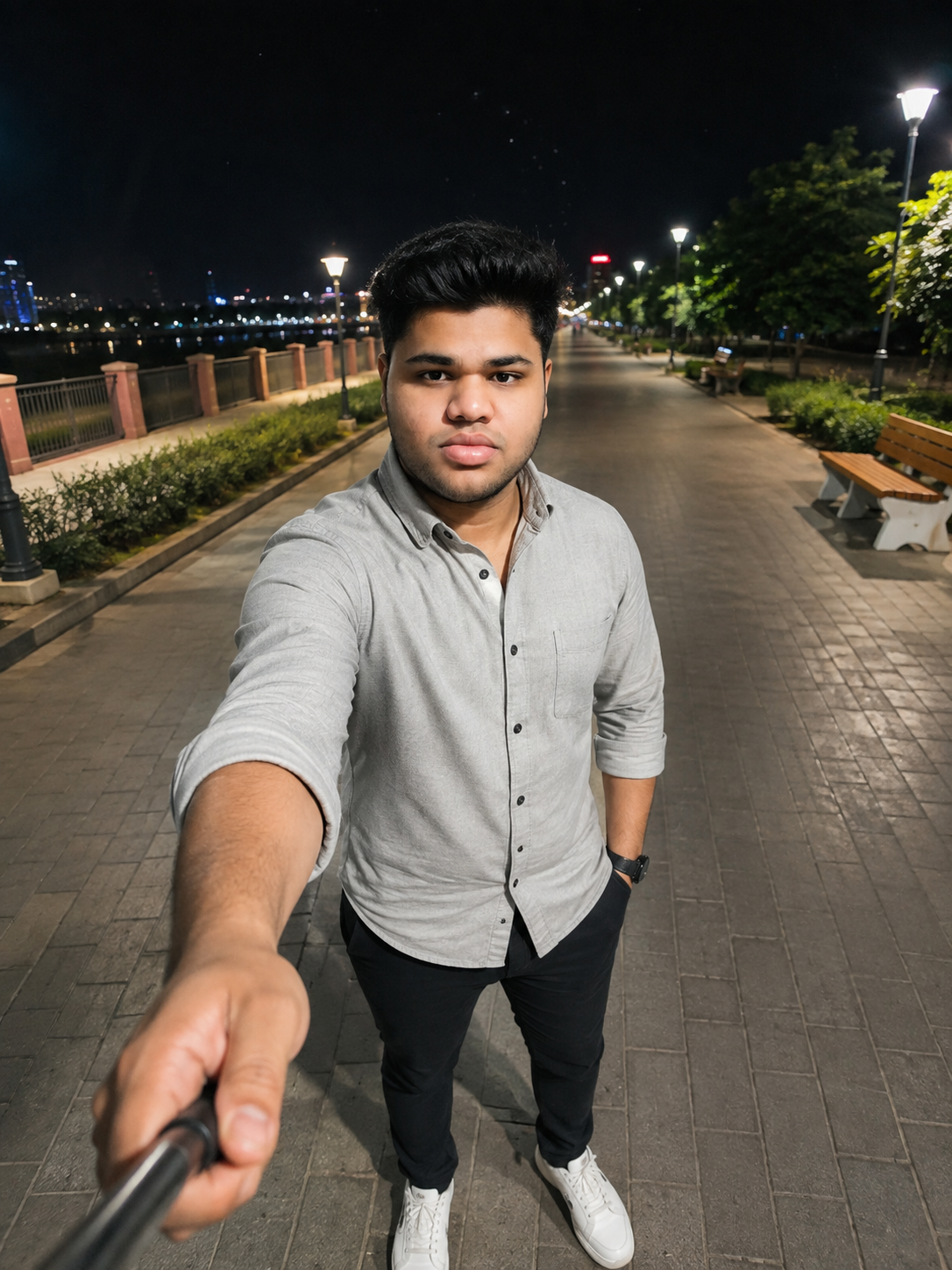 A young man wearing a dark blue shirt and jeans standing on a lively city street surrounded by cafés, shops, pedestrians, and warm evening lights.