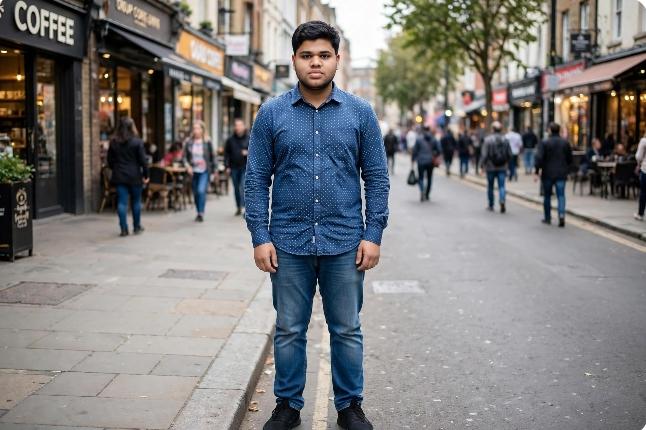 Portrait and full-body street photos of a young man in a blue button-up shirt and jeans, photographed on a busy city street with cafés, shops, pedestrians, and evening light.