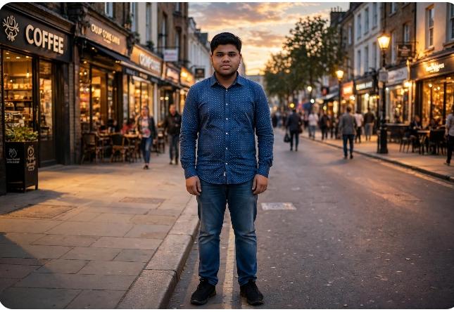 Portrait and full-body street photos of a young man in a blue button-up shirt and jeans, photographed on a busy city street with cafés, shops, pedestrians, and evening light.