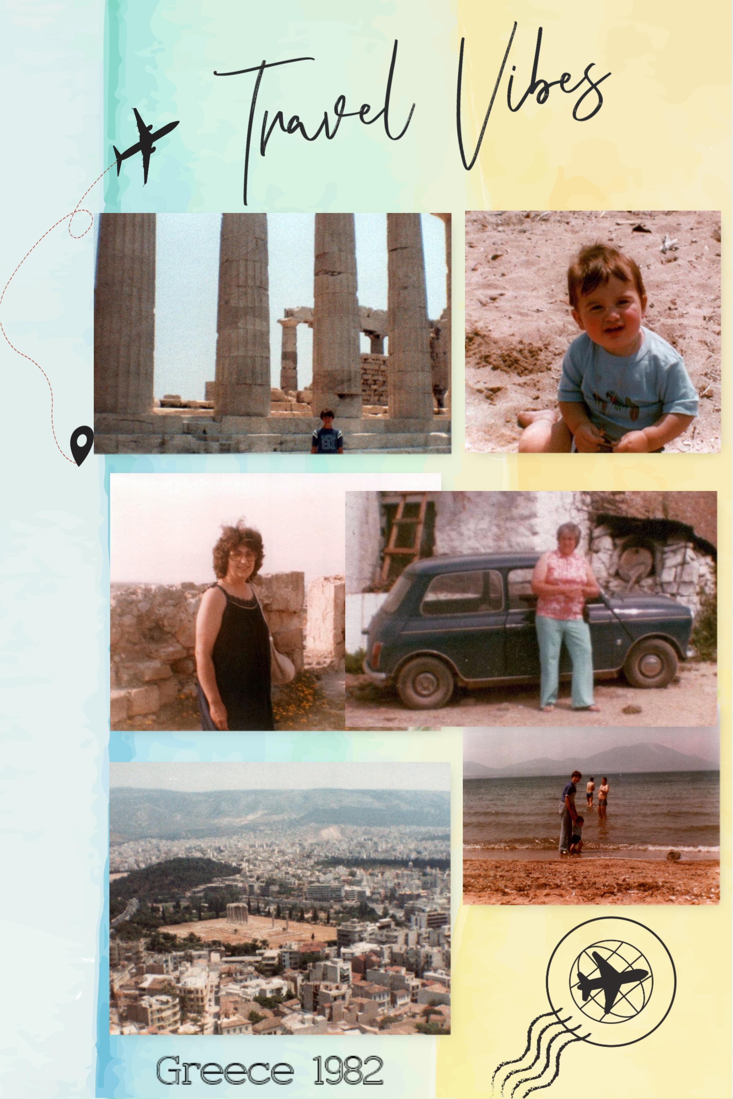 It's "World Photography Day"! This is a collage I created from old photos of our vacation to Greece when I was about 15 years old. The photos include my mom, little brother Dimi (10 months old), me (Greg), Cousin Harriet (with whom I traveled to Greece with), some scenery and the Acropolis, which I believe was somewhat under construction at that time.
