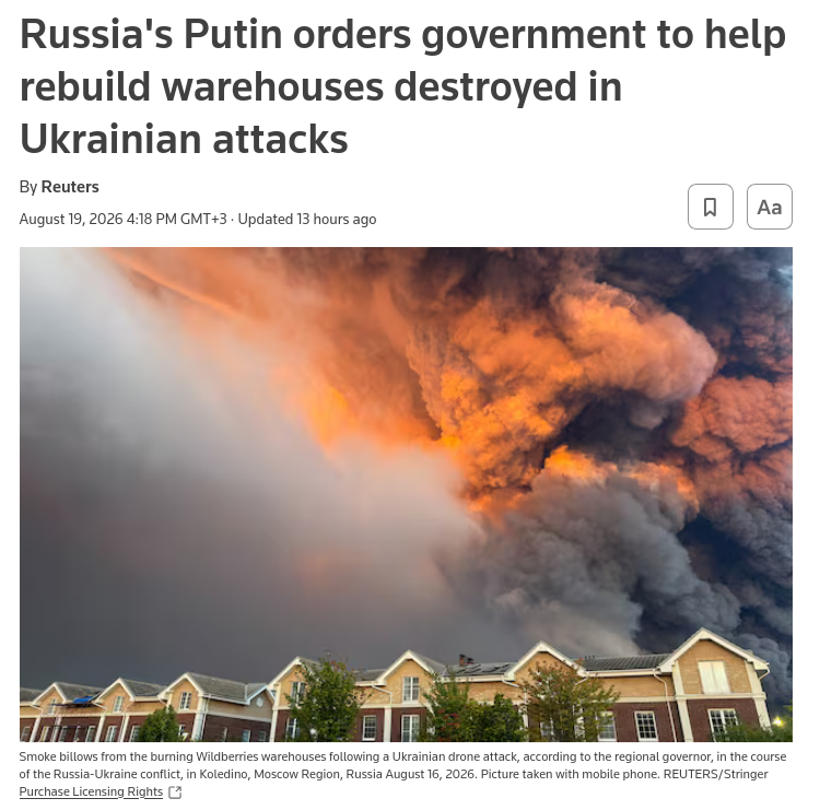 President Vladimir Putin ordered the Russian government on Wednesday to launch a programme to rebuild commercial warehouses damaged or destroyed by Ukraine in a month of targeted attacks. #Russia