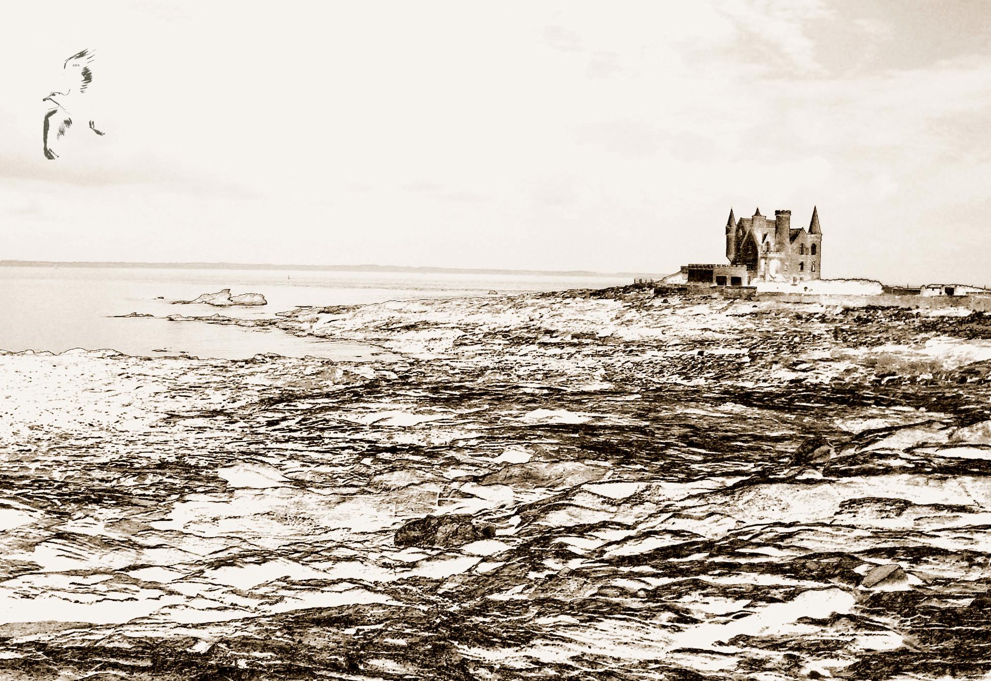 A kind of marshland leading to a ruin close to the sea.
