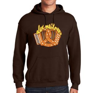 Black men's hoodie with flaming accordion made out of a pretzel on the front.