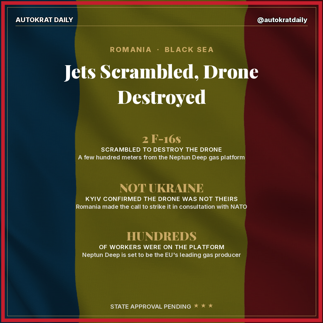 Romania just used two F-16s to destroy a Russian-launched explosive drone a few hundred meters from its Neptun Deep gas platform in the Black Sea, where hundreds of workers were stationed. The call was made in consultation with NATO. Ukraine confirmed the drone was not theirs. This is a direct NATO member military engagement with a Russian-origin threat, not a near miss or an airspace brush. President Nicusor Dan condemned Russia directly by name.#Romania #Europe #Russia