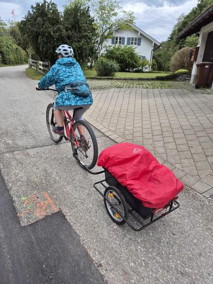 This image captures a cyclist riding a red bicycle on a paved path. The cyclist is wearing a blue jacket with a patterned design and a white helmet. Attached to the bicycle is a black trailer with a red cover, likely used for carrying gear or supplies. The path is bordered by a brick-paved driveway leading to a white house with blue shutters and a brown garage door. The house is surrounded by lush greenery, including trees and bushes, under a cloudy sky.
description generated with Mistral.ai an…
