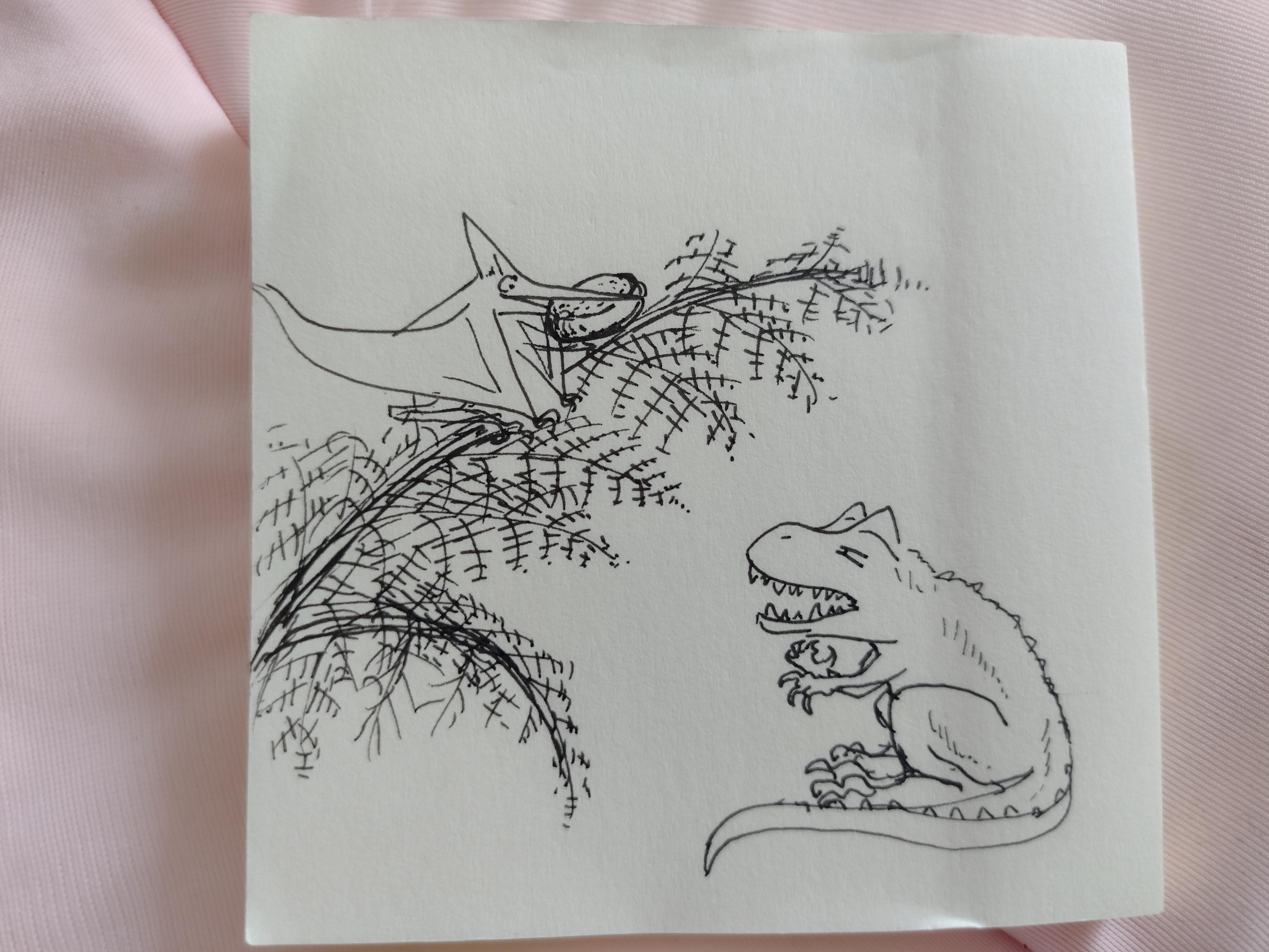Dessin bâclé d'un ptérodactyle sur une fougère tenant une meule de fromage, avec au pied un allosaure l'air matois (sur un post-it)