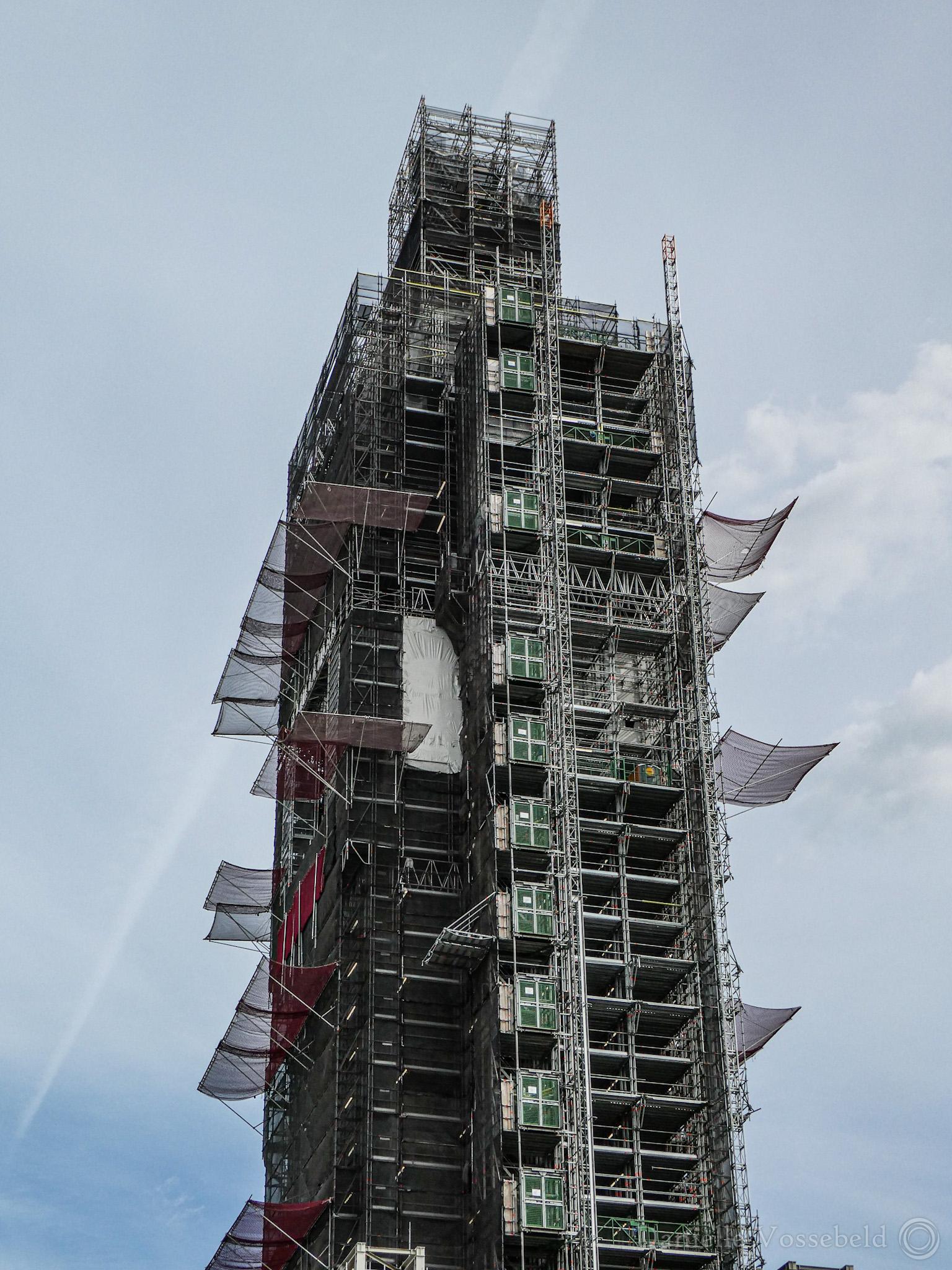 Big Ben is not visible at all, only scaffolding with nets.