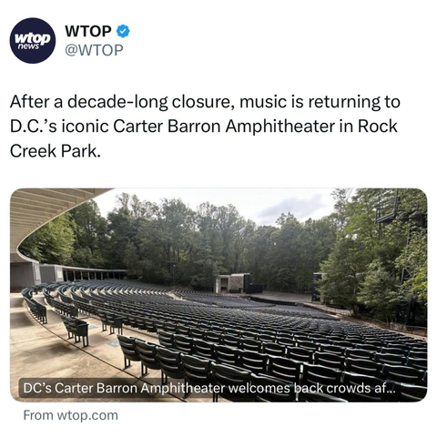 Screenshot: WTOP news: After a decade-long closure, music is returning to D.C.'s iconic Carter-Barron Amphitheater in Rock Creek Park. (PHOTO of audience seating at Carter-Barron Amphitheater.)