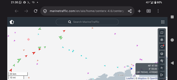 Screenshot from marinetraffic.com showing vessels off north Finistère including 10 or so connected with this project