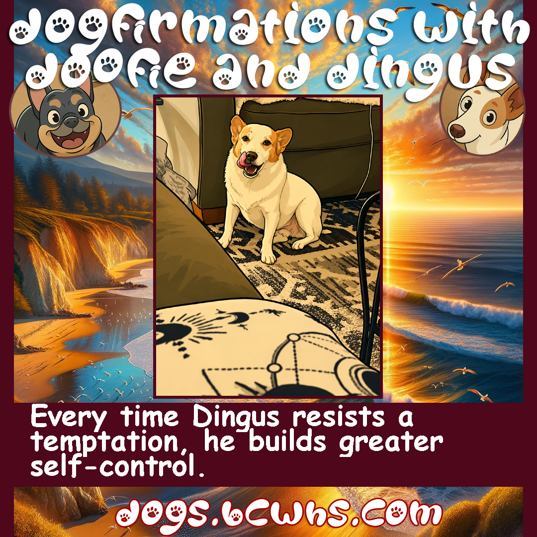Dogfirmations with Doofie and Dingus: Temptation
 
Every time Dingus resists a temptation, he builds greater self-control.