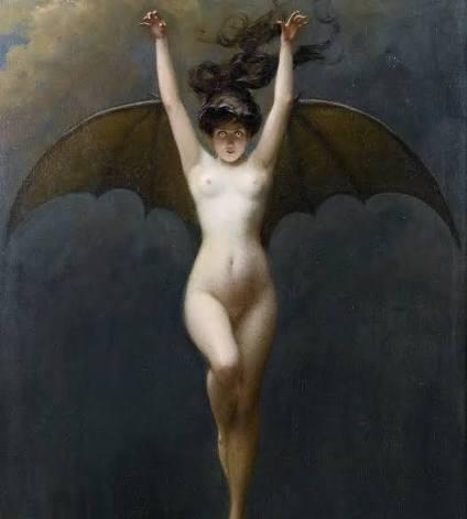 "The Bat" (Le Vampyr or La Chauve-souris), a famous circa 1899 painting by the French Symbolist artist Albert Joseph Pénot.