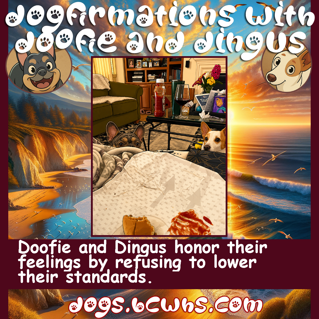 Dogfirmations with Doofie and Dingus: Standards
 
Doofie and Dingus honor their feelings by refusing to lower their standards.