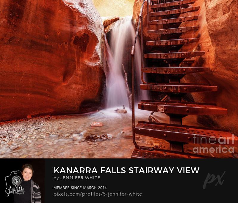 A closer perspective of Kanarra Falls showing the powerful beauty of the waterfall flowing beside the metal staircase inside the narrow walls of Spring Creek Canyon in Kanarraville, Utah.
https://5-jennifer-white.pixels.com/featured/kanarra-falls-stairway-view-jennifer-white.html
@fineartamerica 
#buyintoart #photography #waterfall #homedecor #wallart