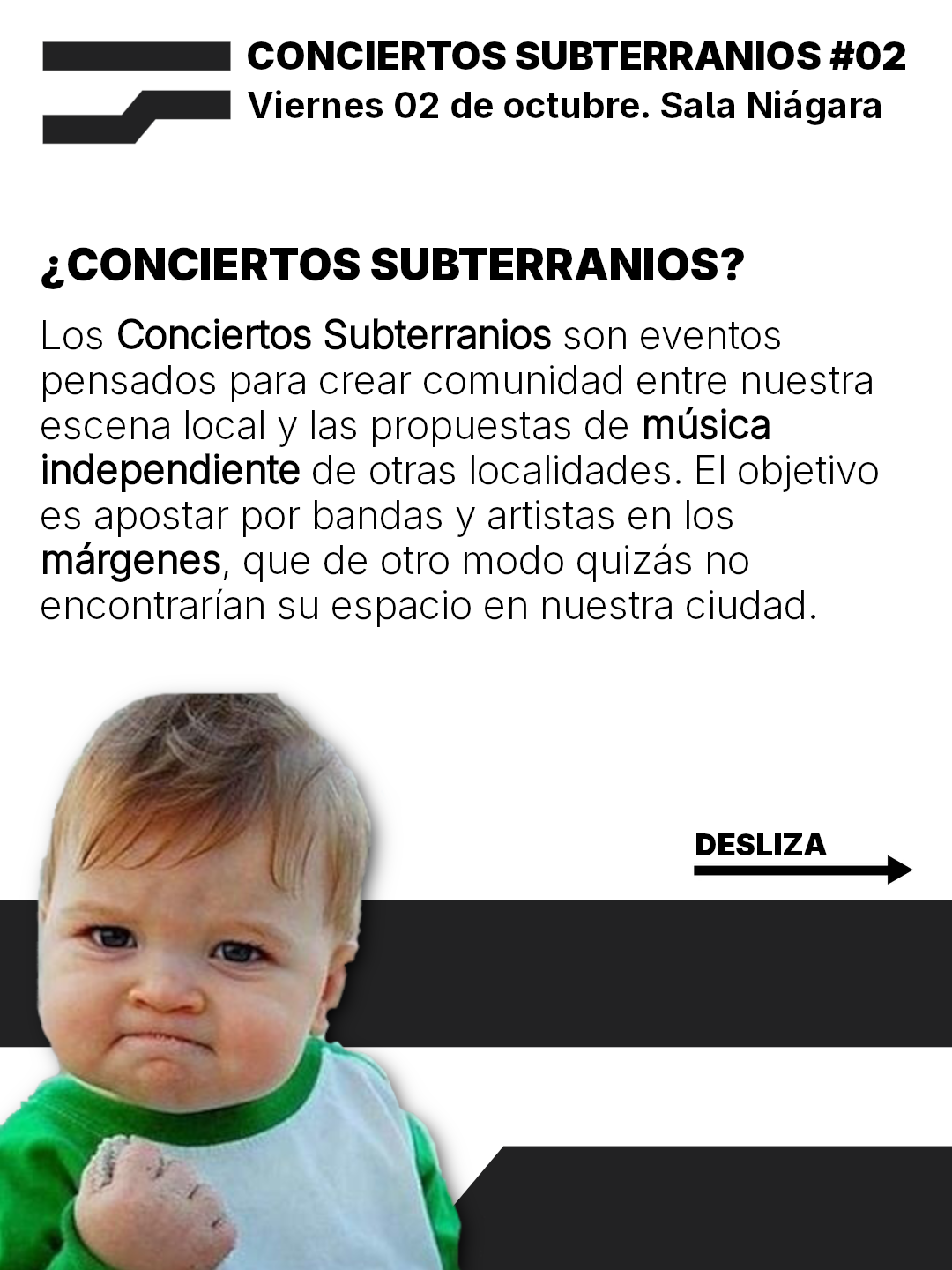 Los Conciertos Subterranios son eventos
pensados para crear comunidad entre nuestra
escena local y las propuestas de musica
independiente de otras localidades. El objetivo
es apostar por bandas vy artistas en los
margenes, que de otro modo quizas no
encontrarian su espacio en nuestra ciudad.