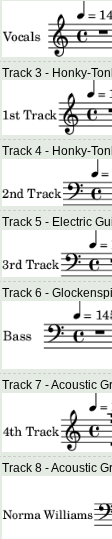A listing of sheet music tracks: Vocals, 1st Track, 2nd Track, 3rd Track, Bass, 4th Track, and Norma Williams