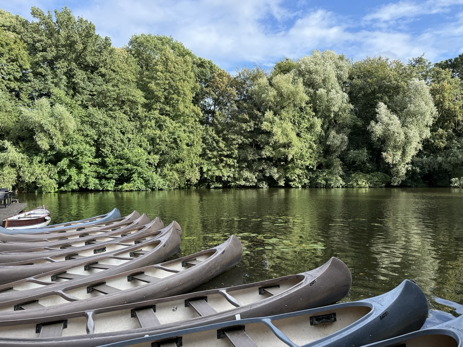 Zu sehen ist ein Alsterkanal oder auch Fleet in Hamburg Winterhude. Eine Reihe von Kanus liegt angebunden an einem Anleger. Im Hintergrund Bäume und blauer Himmel. Das Bild strahlt Idylle und Ruhe aus.