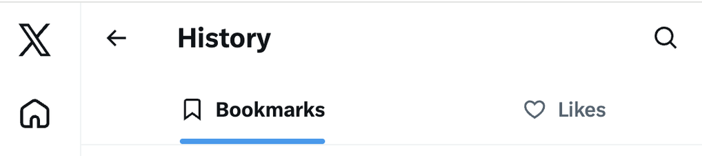 X/Twitter History page with the Bookmarks tab selected and Likes tab beside it.