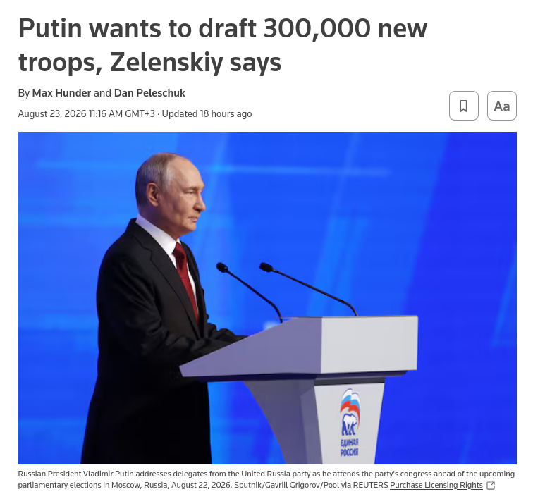 Ukraine thinks Russia is planning to draft an additional 300,000 troops for its war effort after Russian parliamentary elections in mid-September, Ukrainian President Volodymyr Zelenskiy said. #Russia