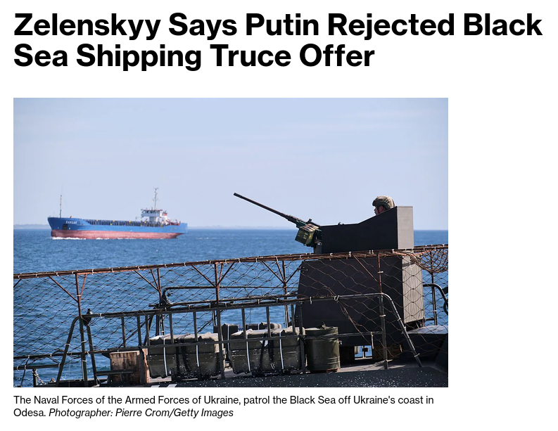 Ukraine offered Russia a truce on attacks against ships carrying agricultural commodities through the Black Sea, but Moscow rejected the deal because it wanted guarantees against strikes on its energy infrastructure, Ukrainian President Volodymyr Zelenskyy said. #Russia
