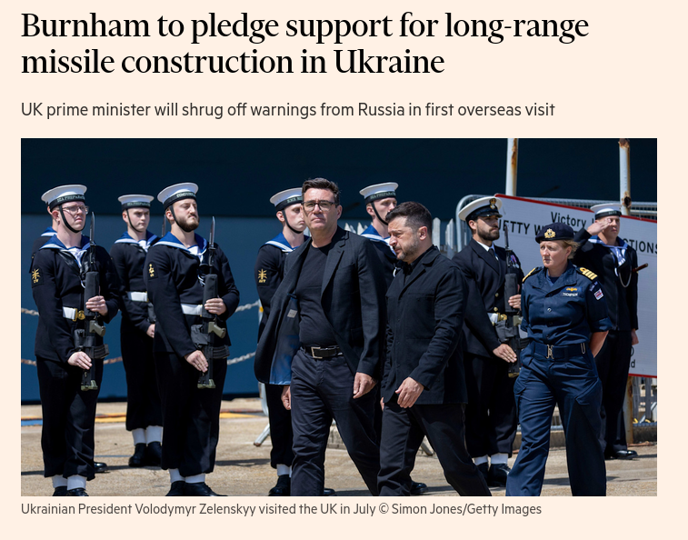 Andy Burnham will on Monday travel to Kyiv on his first overseas visit as UK prime minister, with a promise to support the construction in Ukraine of long-range missiles capable of hitting targets in Russia. #Russia #UK