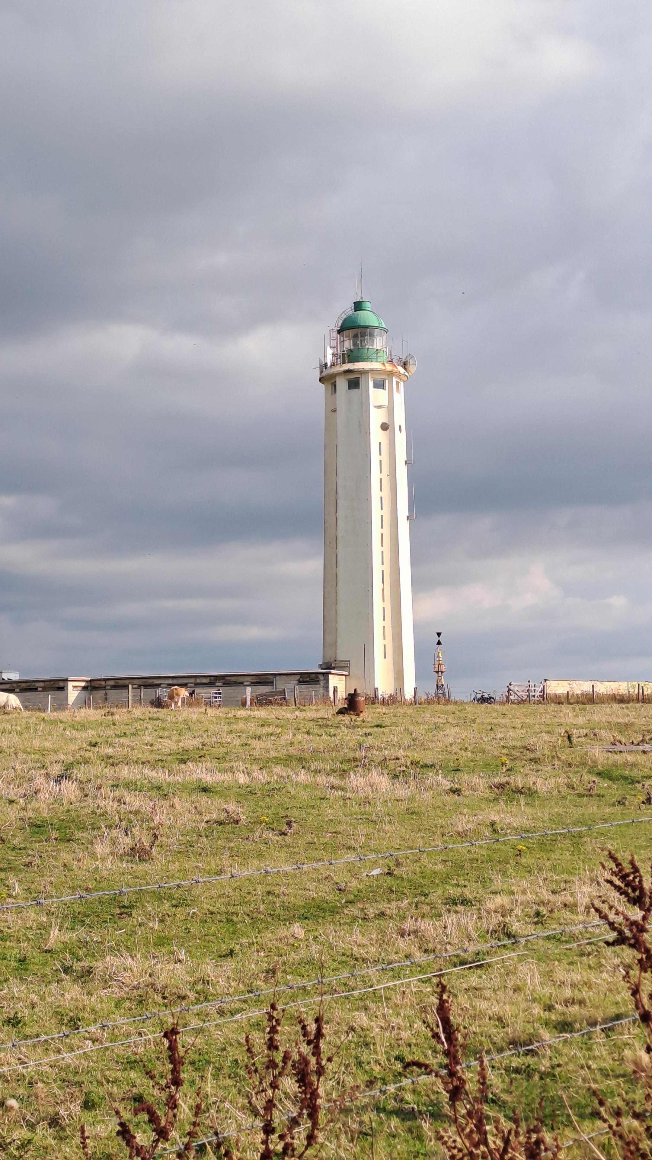 Umgeben von flachen Wiesen steht ein weißer Leuchtturm aus Beton. Seine Wände bestehen aus kantigen Stützmauern. Das Lampenhaus hat ein grünes, rundes Dach.