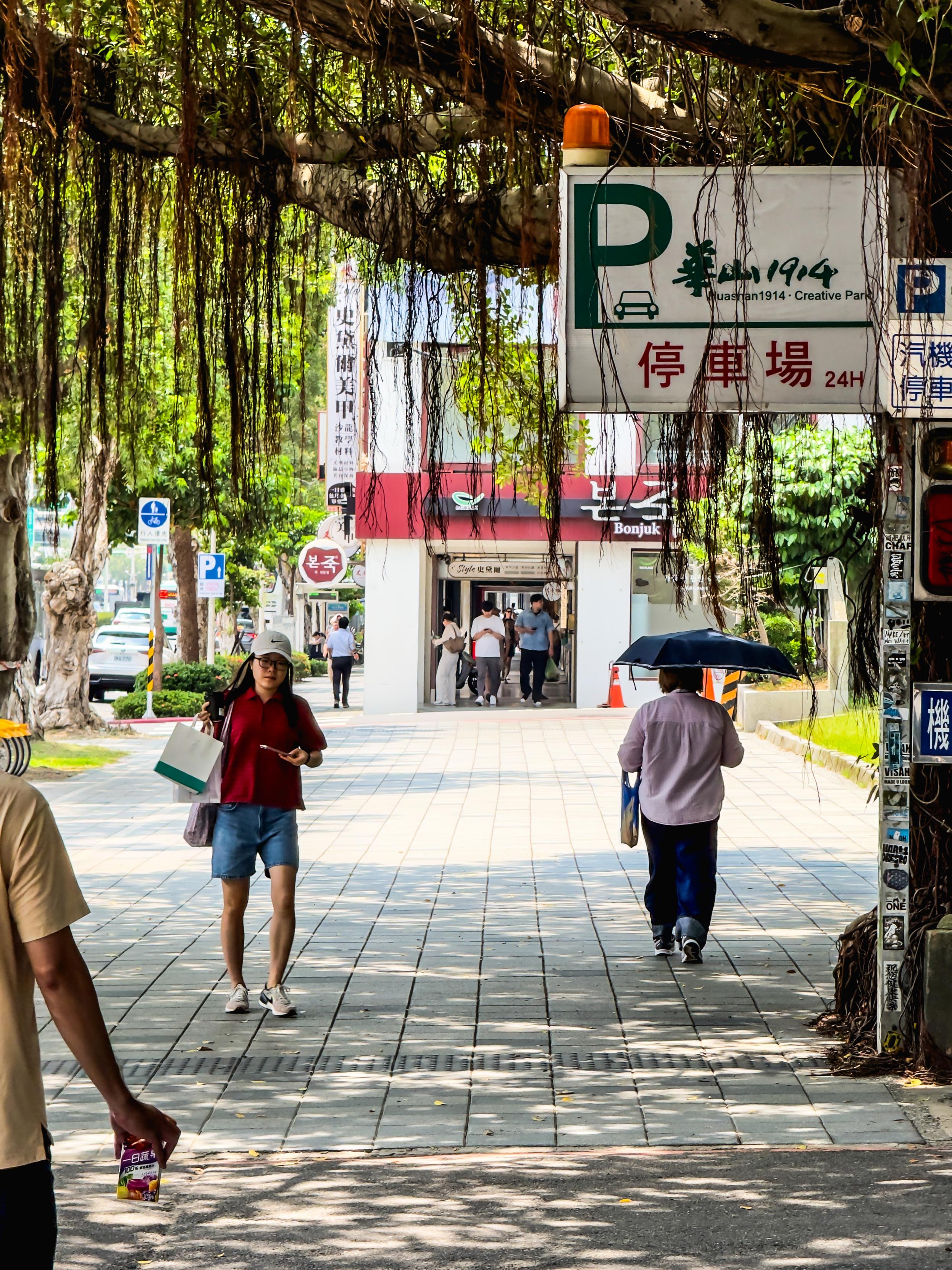 People walking on sidewalk under hanging tree branches near parking lot entrance.