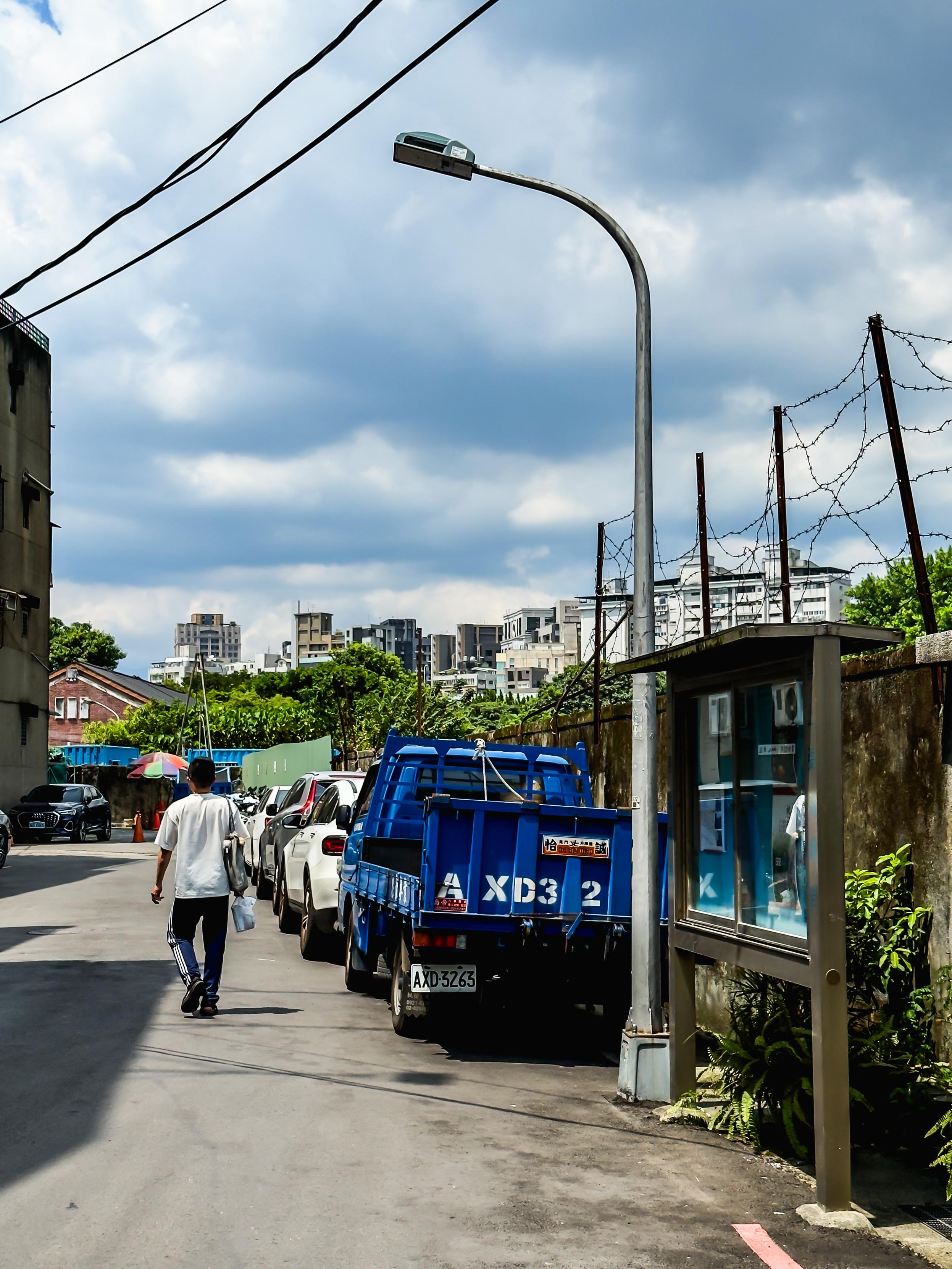 A street scene with parked cars, a person walking away, a blue truck, a streetlamp, and a building with a cloudy sky overhead.