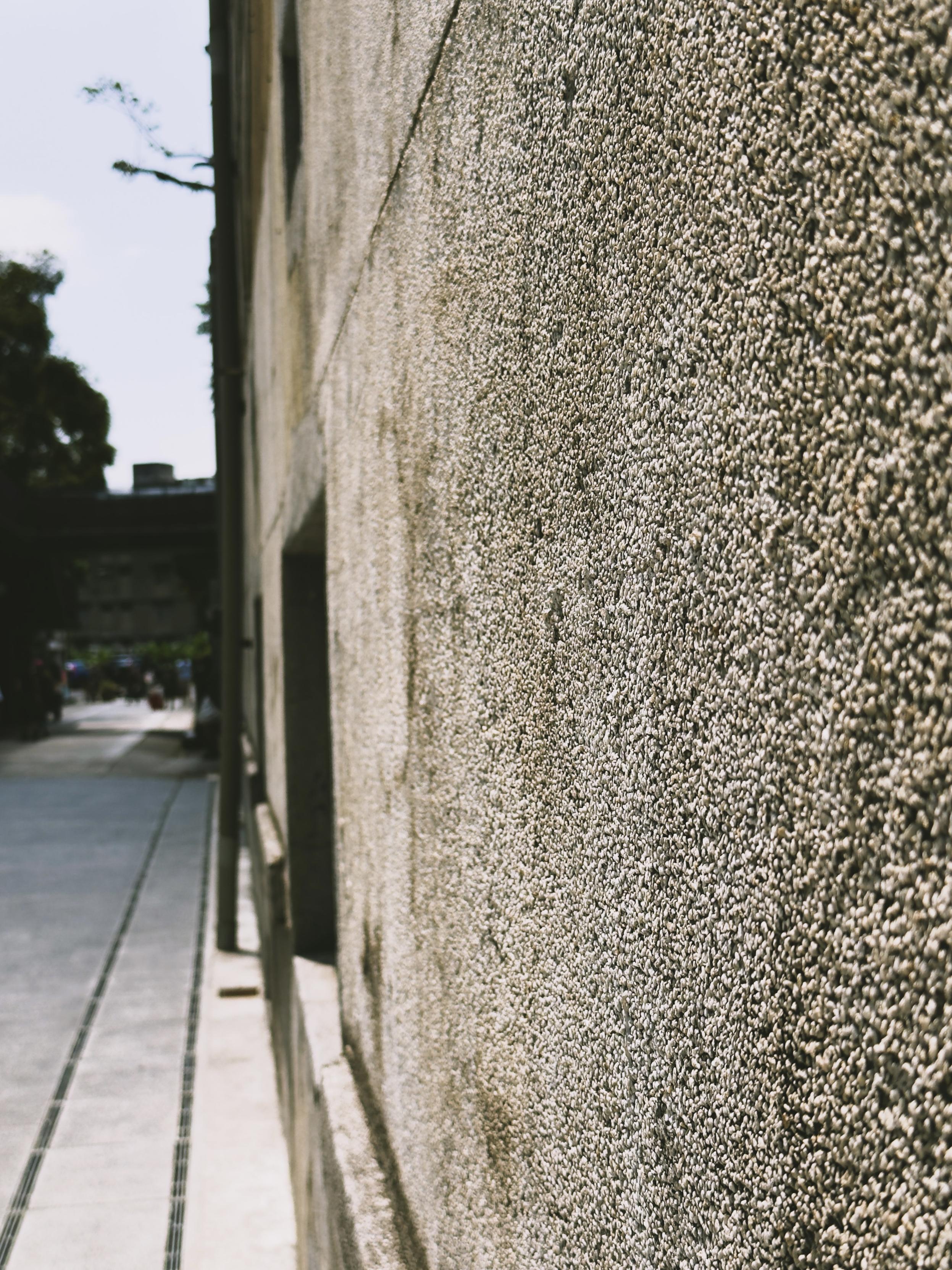Close-up of a textured concrete wall with a sidewalk and distant trees in the background.