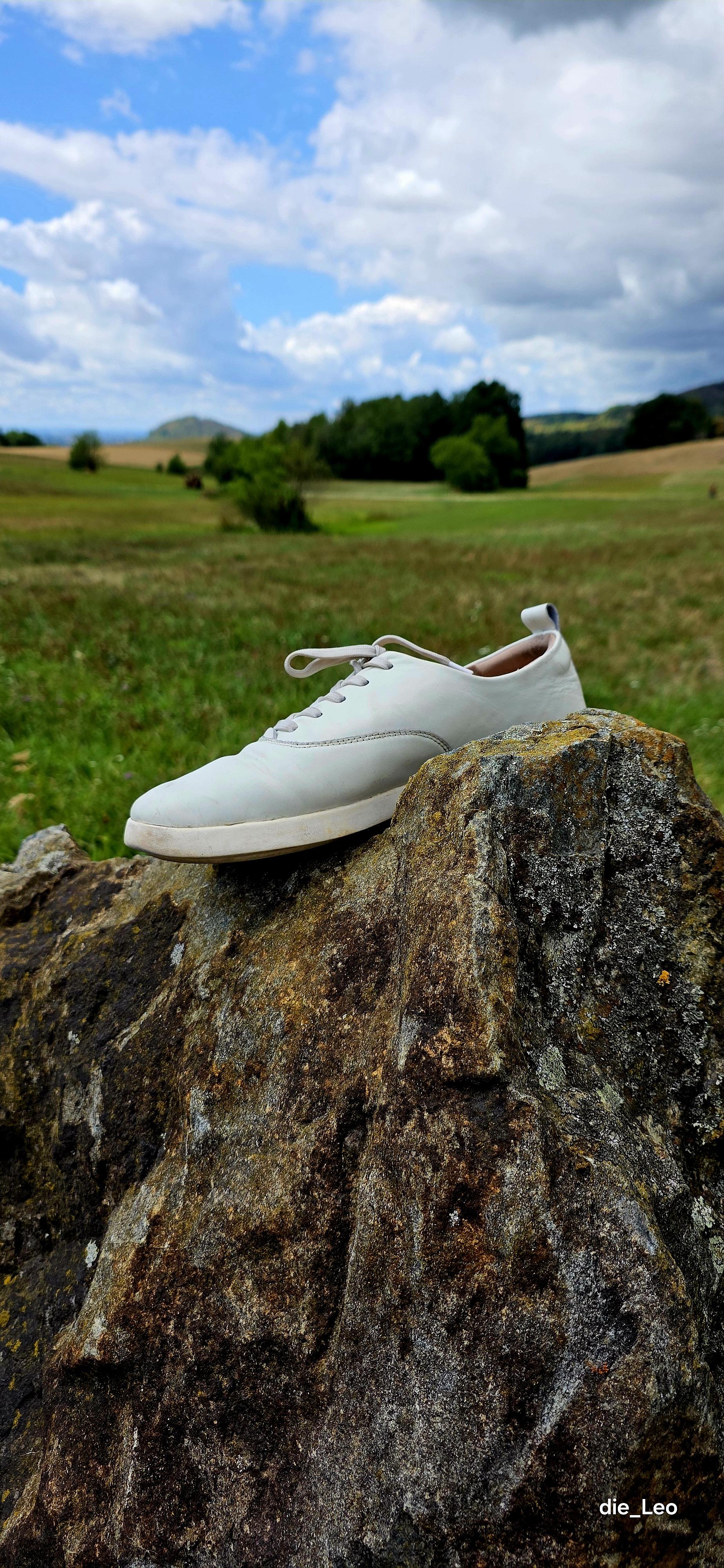 Einzelner Schuh, verlassen auf einem Felsbrocken am Wegesrand