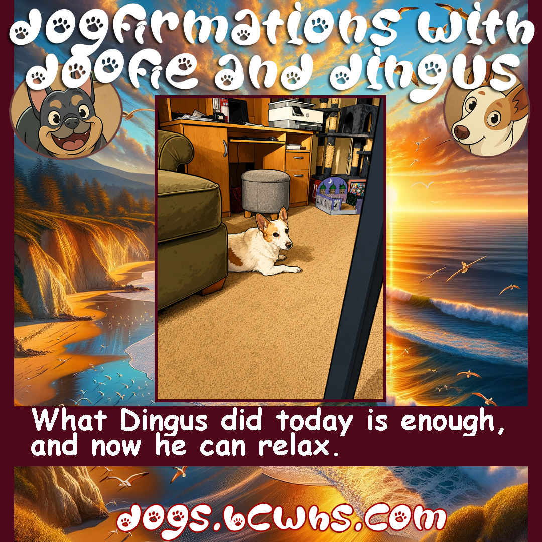 Dogfirmations with Doofie and Dingus: Relax
 
What Dingus did today is enough, and now he can relax.