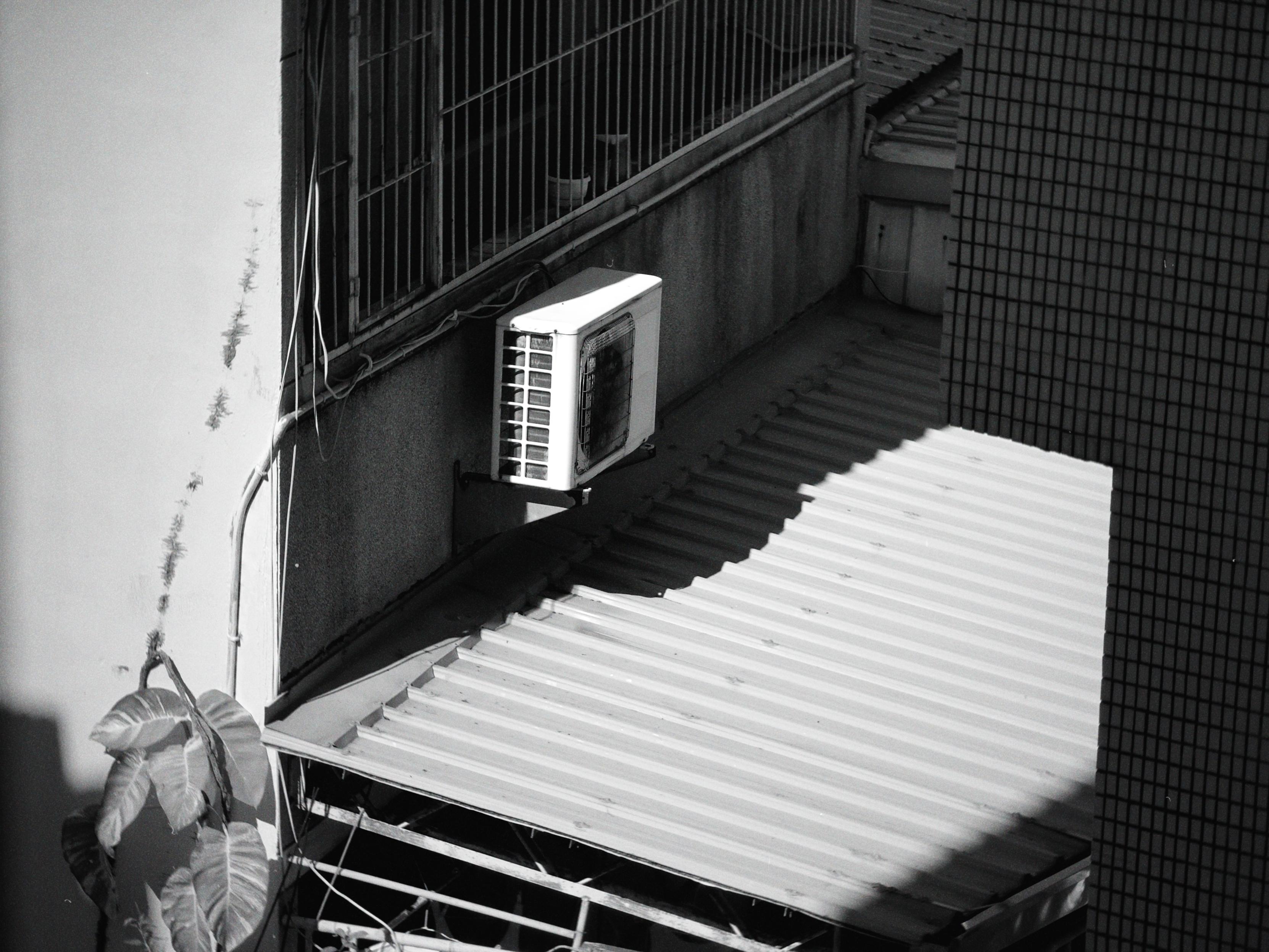 Black and white photo of an outdoor space with an air conditioning unit mounted on a wall, a corrugated roof, and a plant in the lower left corner.