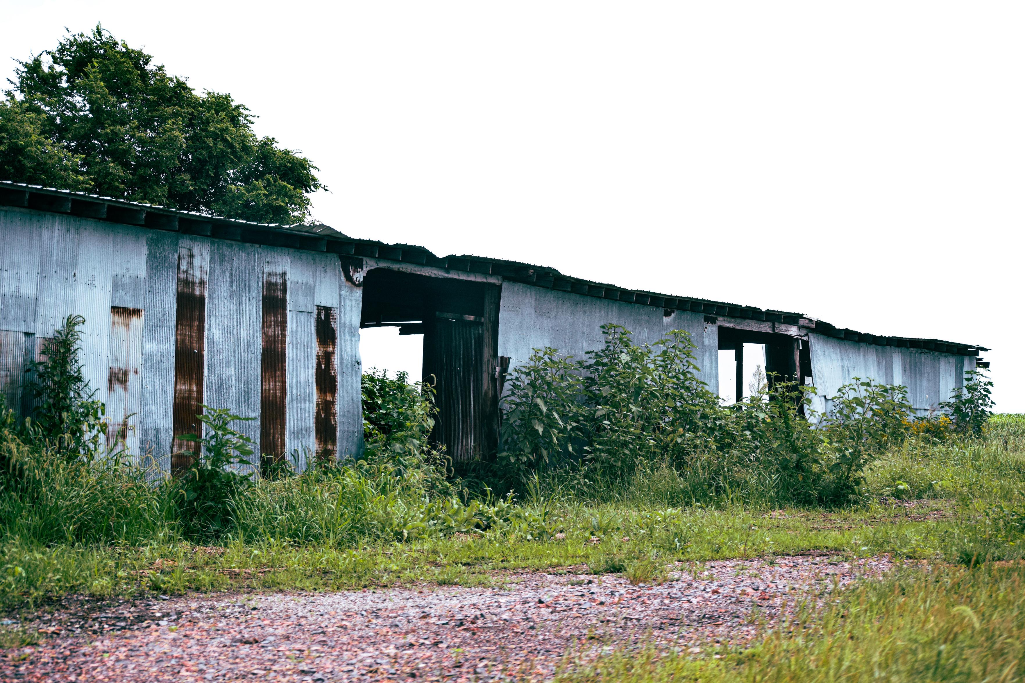 Weathered, abandoned corrugated-metal building with rusted walls and broken openings, overgrown by weeds beside a gravel path under a bright sky.