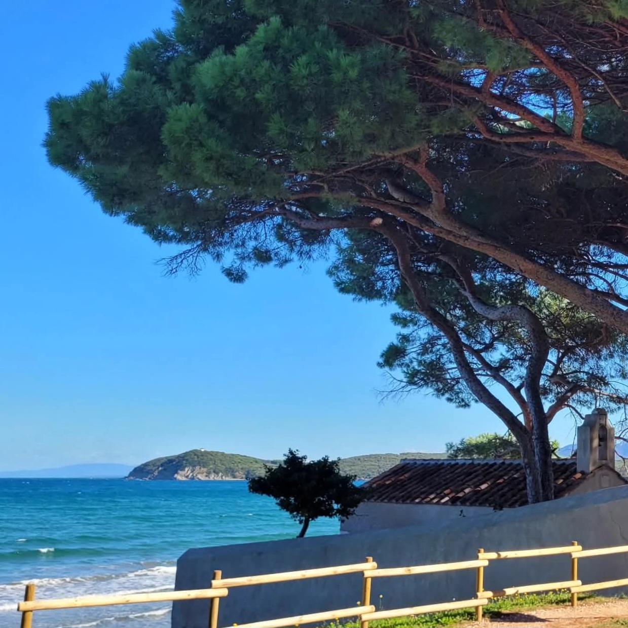 Ausblick auf eine Bucht in der Toskana. Das Meer schillert smaragdgrün .Direkt am Strand befindet sich unter überragenden Pinien eine kleine weiße Kapelle. Toskana 2025