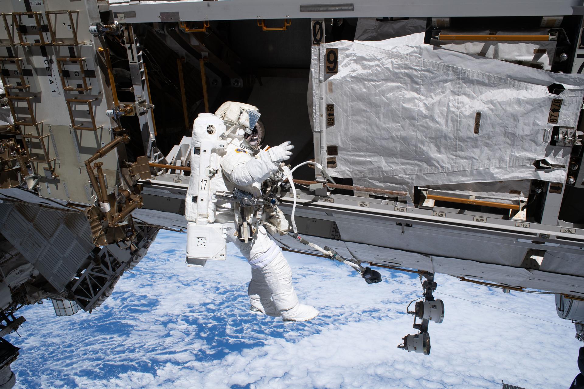ESA astronaut Sophie Adenot is tethered to the International Space Station during a spacewalk
NASA ID: iss075e0069902
iss075e0069902 (Aug. 25, 2026) --- ESA (European Space Agency) astronaut and Expedition 75 flight engineer Sophie Adenot is tethered to the International Space Station during a spacewalk to install a high-speed space-to-ground antenna on the Z1 truss segment above the Unity module. Adenot and NASA astronaut and Expedition 75 flight engineer Anil Menon (out of frame) spent six hours and 30 minutes replacing a failed antenna with a spare and making the precise connections needed to activate it for high-speed transmissions with mission control. Credit: NASA/Anil Menon
Date Created:2026-08-25