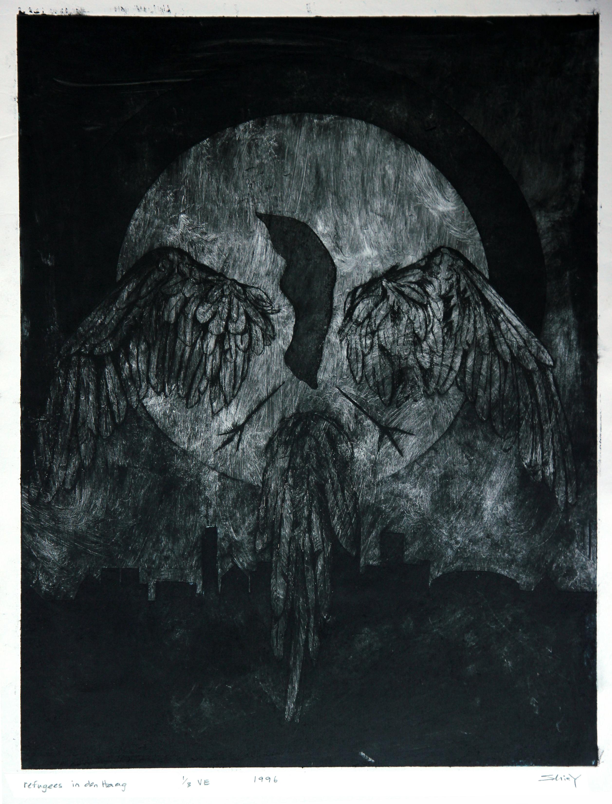 Black intaglio print called Refugees in den Haag, 1996. A very ink-heavy print of an abstract bird flying up in the foreground, with a huge full moon and dark city skyline in the background.