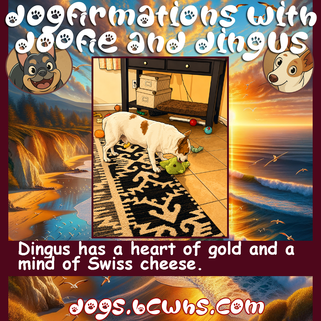 Dogfirmations with Doofie and Dingus: Cheese
 
Dingus has a heart of gold and a mind of Swiss cheese.