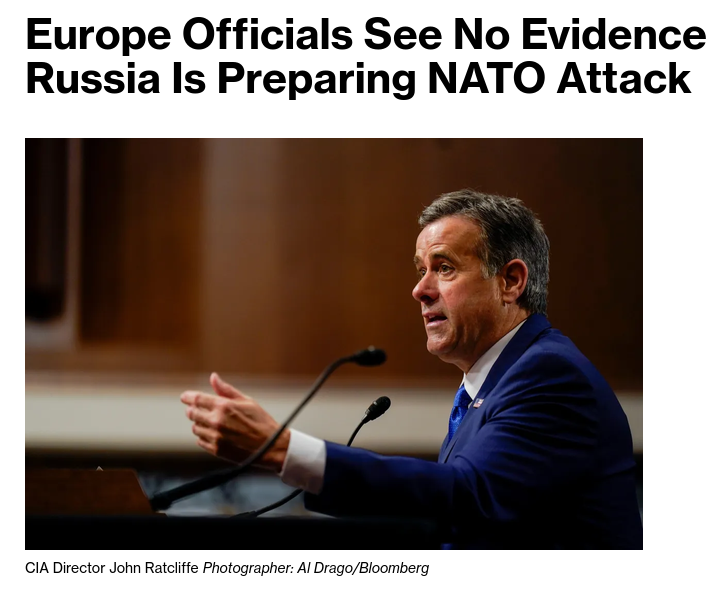 European officials are confident that there is no evidence to suggest Russia is preparing for a conventional attack on NATO or a Baltic state, pushing back on reports that might have been the main subject of CIA Director John Ratcliffes visit to Moscow this week. #Russia #EU #US #CIA