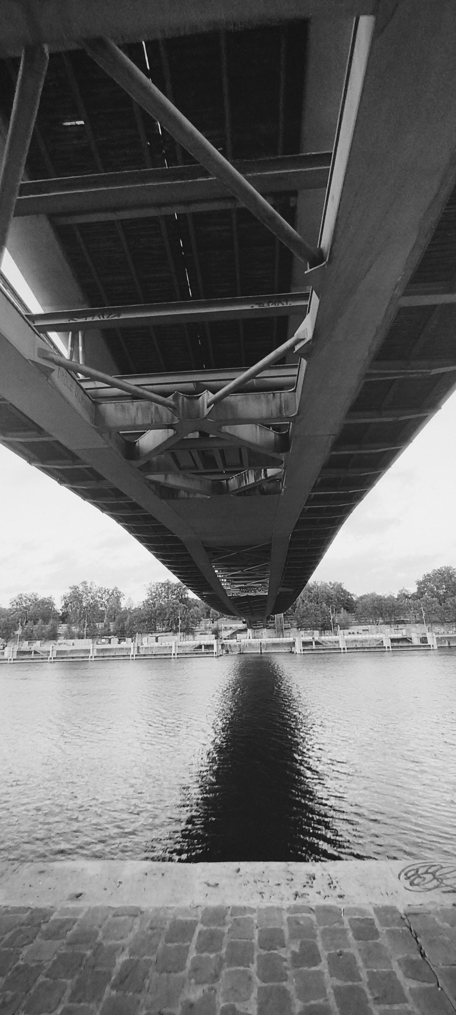 Photographie en noir et blanc prise sous un pont métallique au-dessus de la Seine. L'imposante structure d'acier converge vers le centre de l'image, créant une perspective presque parfaitement symétrique. Son ombre se prolonge dans l'eau en une longue bande sombre, entre les berges et les arbres visibles au loin.
