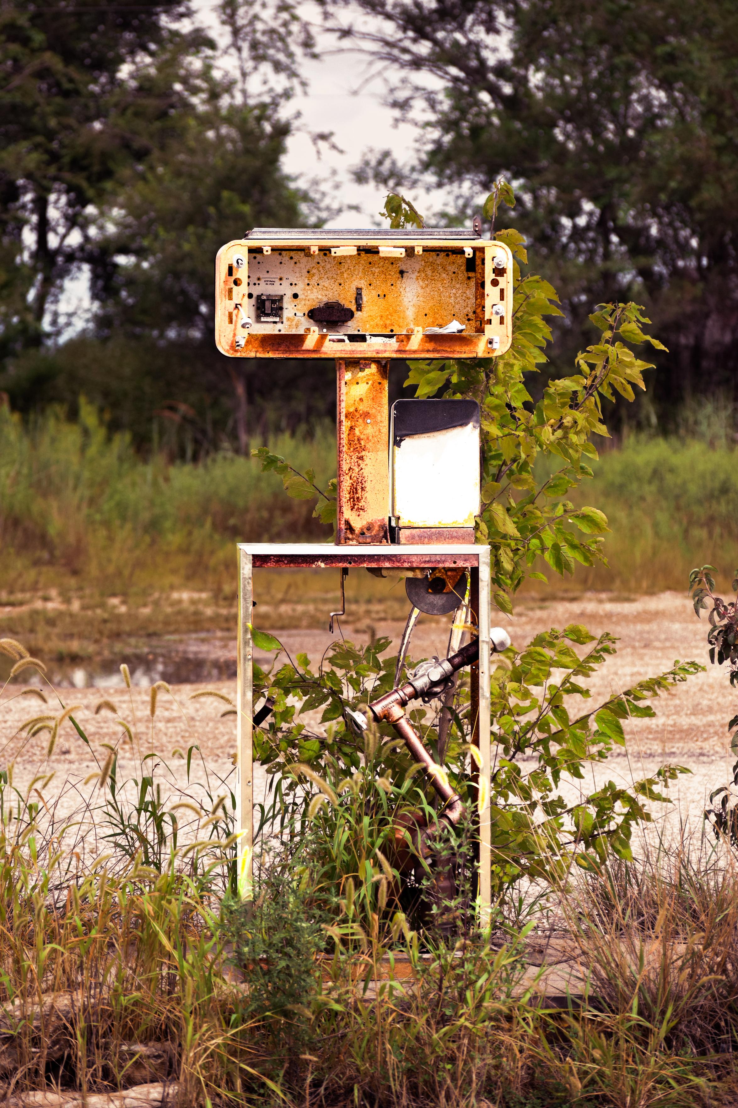 Abandoned rusty gas pump stands amid tall weeds and vines beside a rural road, creating a weathered, melancholic scene.