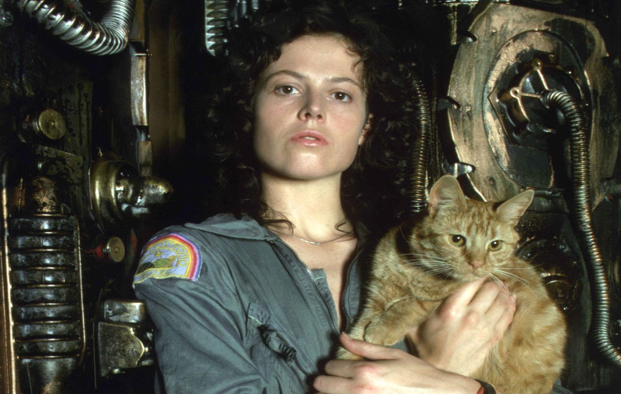 Ripley and Jonesy from the movie Alien, in a space ship