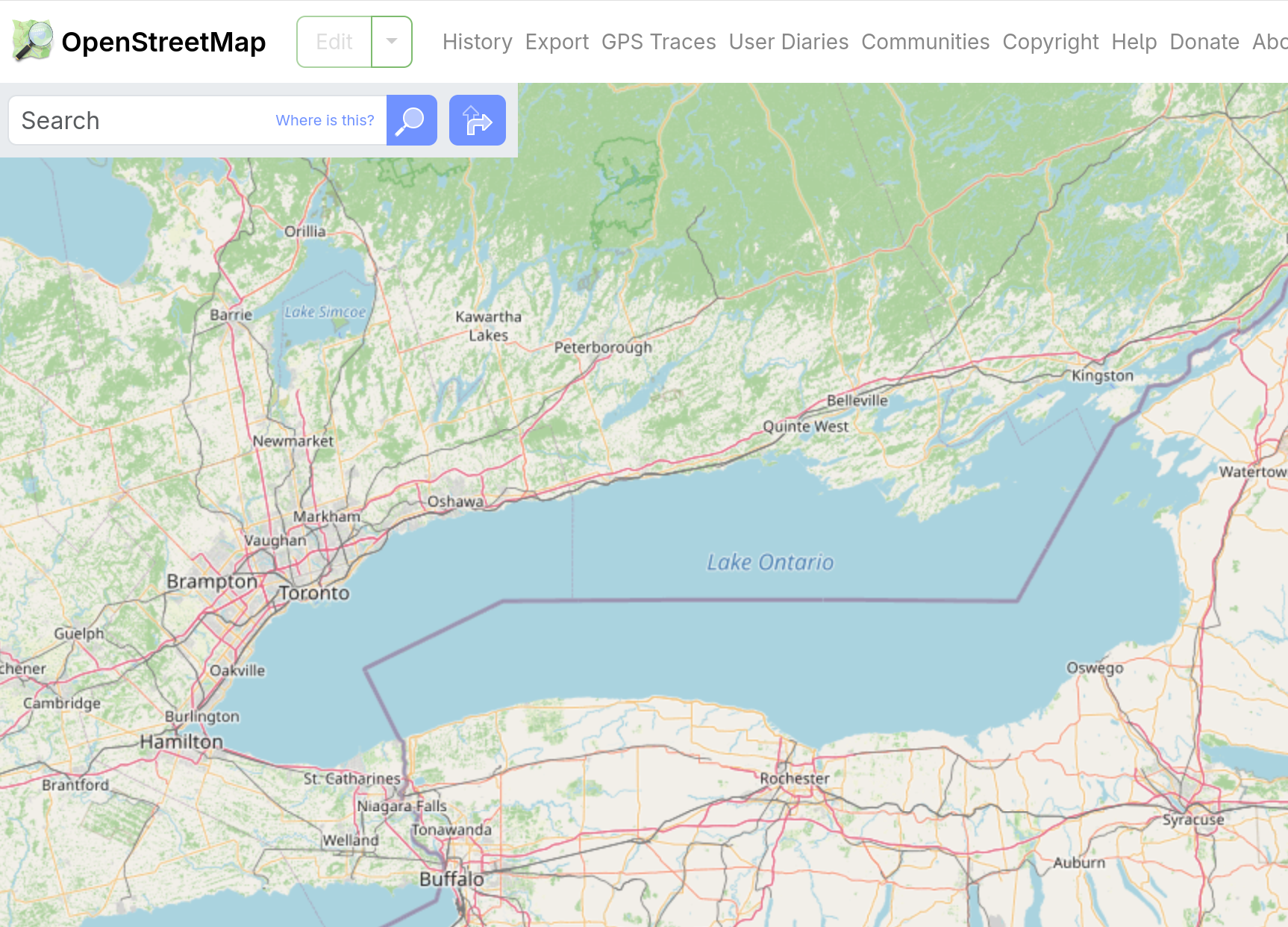 A screenshot of OpenStreetMap showing Lake Ontario.