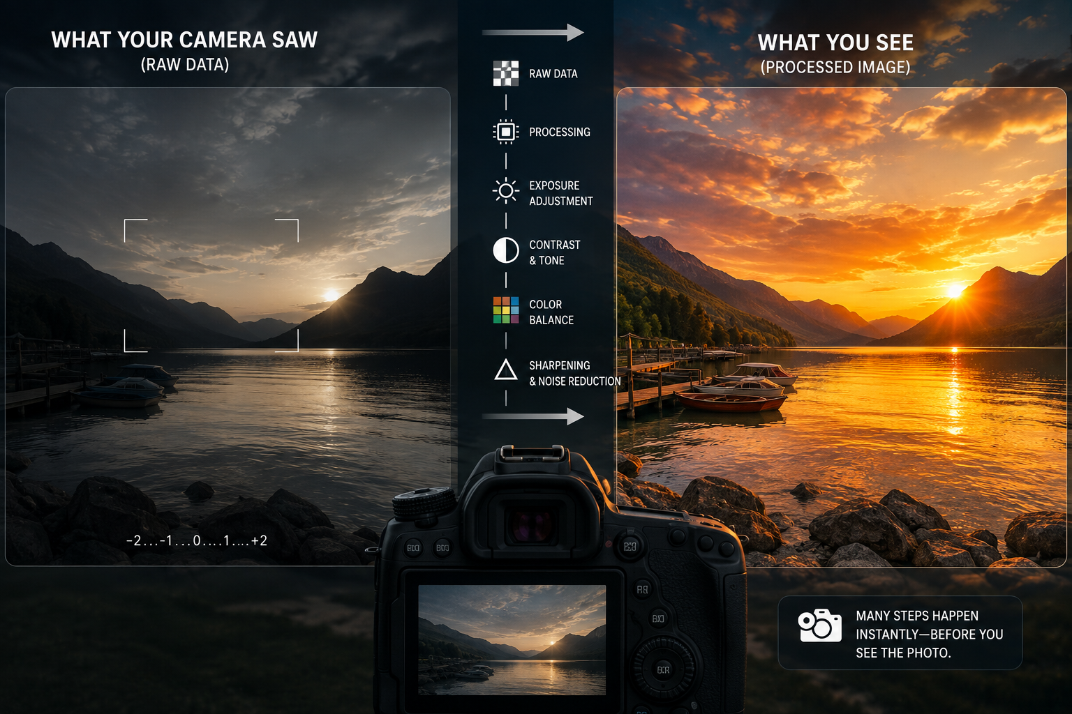 Camera processing turns raw sensor data into the final photo you see.